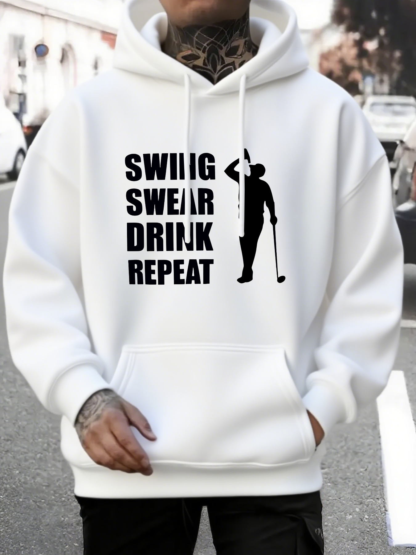 Men's Graphic Hoodie Swing Swear Drink Repeat With Golfer Silhouette Among Urban Street Scene