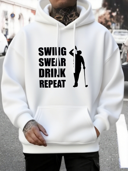 Men's Graphic Hoodie Swing Swear Drink Repeat With Golfer Silhouette Among Urban Street Scene