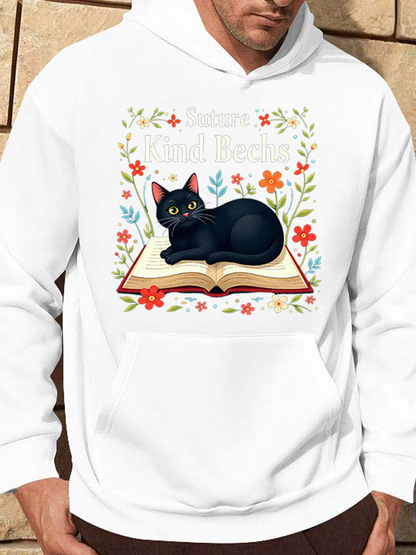 Men's Graphic Hoodie Relaxing Black Cat Among Colorful Flowers Upon An Open Book