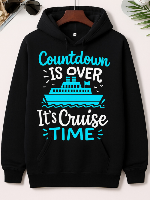 Men's Graphic Hoodie Countdown Is Over Its Cruise Time Blue Wavy Lines With Ship On The Ocean