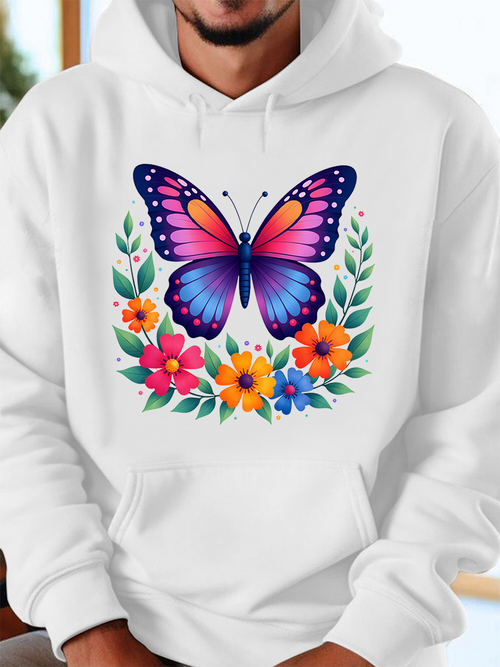 Men's Graphic Hoodie Vivid Colorful Flowers With Leaves And A Graceful Butterfly