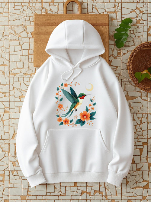 Women's Graphic Hoodie Vivid Garden Flowers With Colorful Flying Among Blossoming Hummingbird