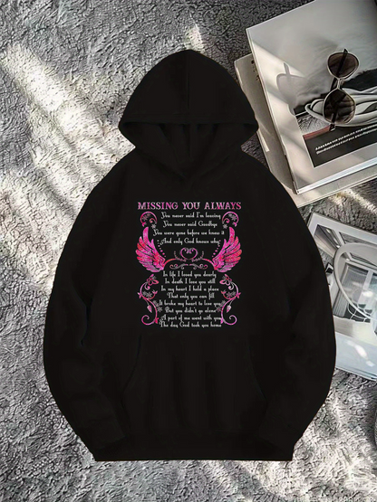 Men's Graphic Hoodie Missing You Always With Pink Decorative Wings And Heart Themed Elements Hoodie