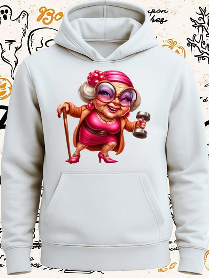 Women's Graphic Hoodie Happy Elderly Lady With Glasses And Pink Dress Holding Dumbbell