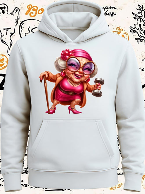 Women's Graphic Hoodie Happy Elderly Lady With Glasses And Pink Dress Holding Dumbbell