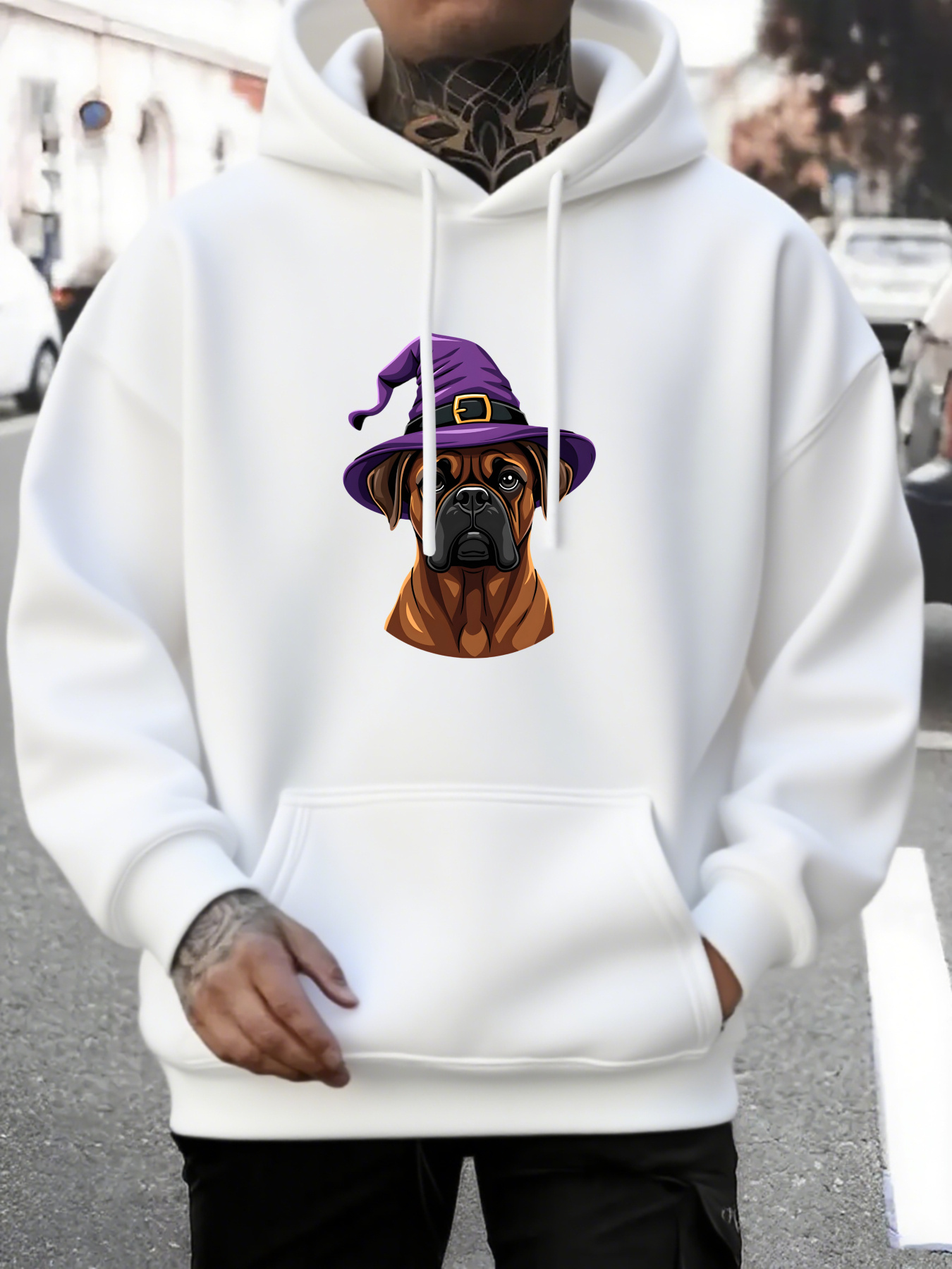 Men's Graphic Hoodie Autumn Magic With Purple Witch Hat And Boxers Dog