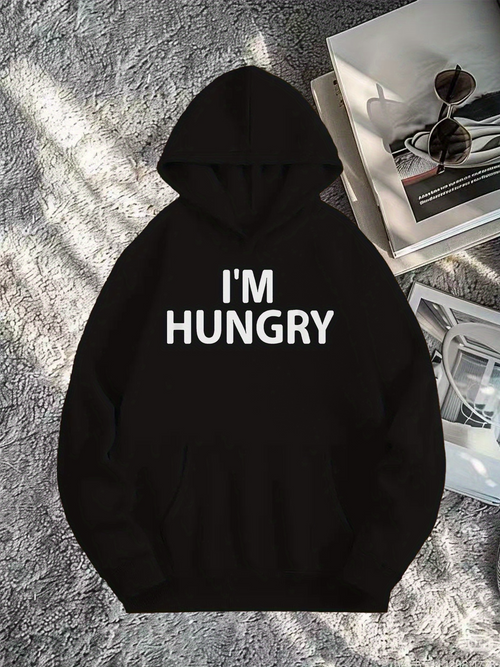 Men's Graphic Hoodie Im Hungry Bold White Text On Black Hoodie