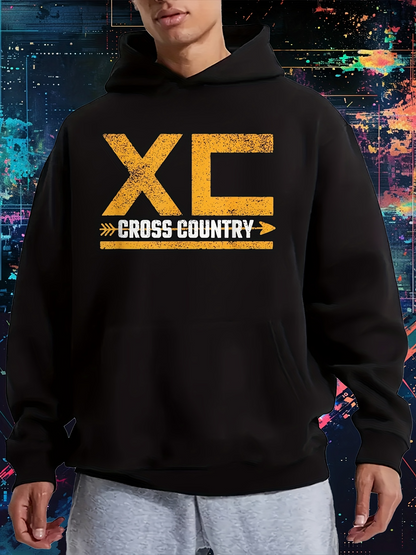 Men's Graphic Hoodie Distressed Yellow Athletic Lettering Over Textured Cross Country Hoodie