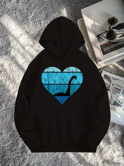 Men's Graphic Hoodie Blue Lake Reflections Within Heart Shape Featuring Loch Ness Monster