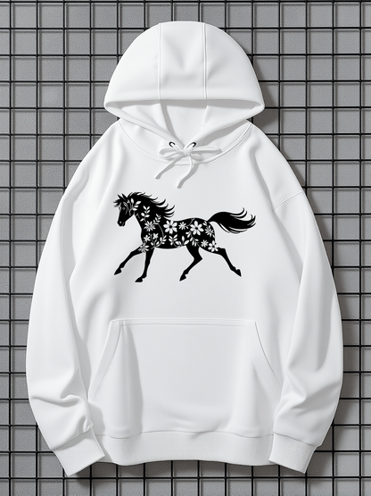 Men's Graphic Hoodie Floral Pattern Gracefully Running Wild Horse