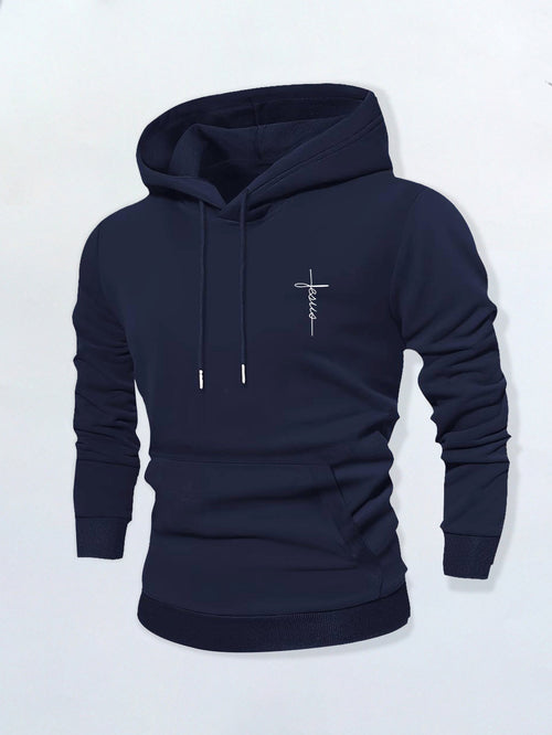 Men's Graphic Hoodie Minimalist Elegance With Fine White Lines Cross Symbol