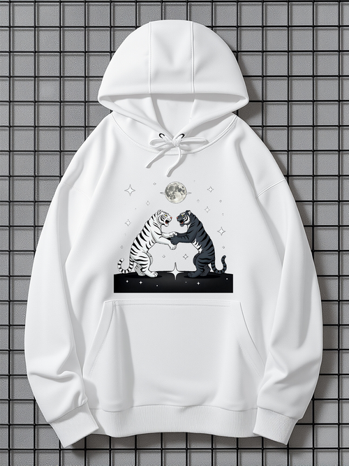 Men's Graphic Hoodie Contrasting Light And Shadows With Two Playful Wrestling Tigers