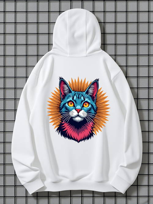 Men's Graphic Hoodie Vivid Sunburst Aura With Colorful Glowing Artistic Cat