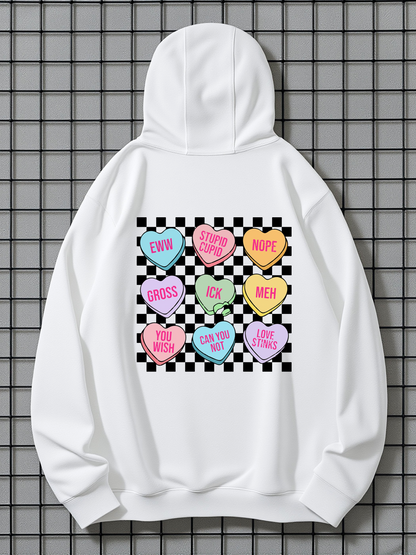 Men's Graphic Hoodie Colorful Checkered Pastel Candy Hearts With Simple Short Phrases Hearts