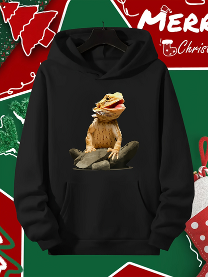 Men's Graphic Hoodie Playful Bearded Dragon Resting Calmly On Soft Gray Rock Lizard