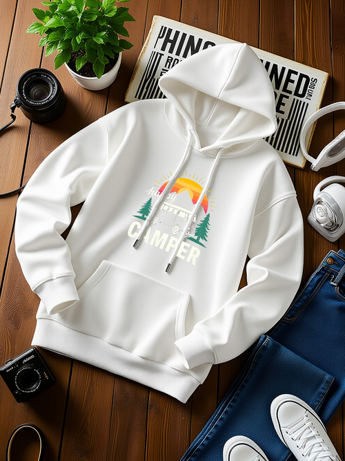 Men's Graphic Hoodie Happy Camper With Green Pine Trees Sunset Mountains And Colorful Sky Hoodie