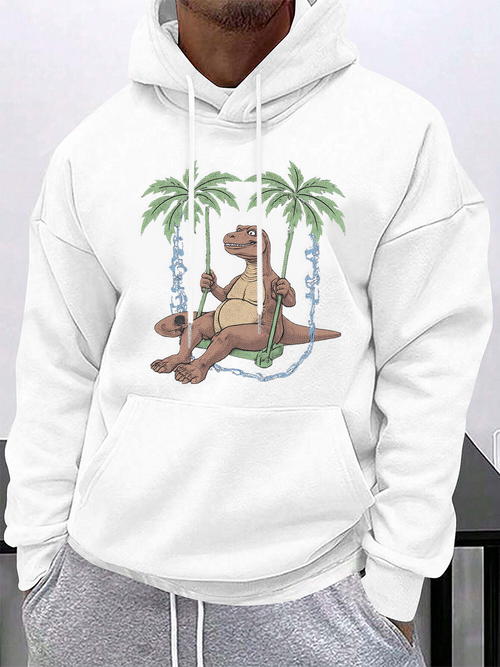 Men's Graphic Hoodie Relaxing Tropical Paradise With Palm Trees Surrounding A Dinosaur Swing