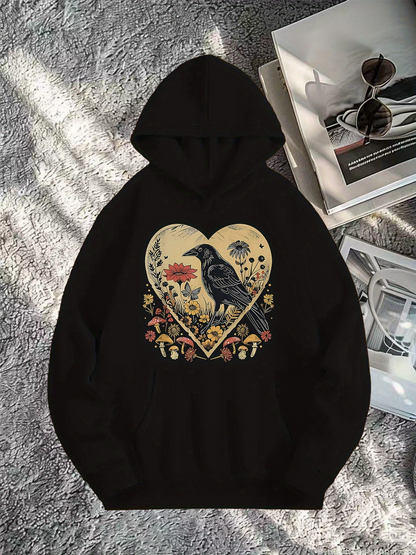 Men's Graphic Hoodie Vintage Heart With Flowers And Mysterious Raven Among Woodland Details