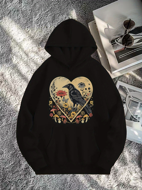 Men's Graphic Hoodie Vintage Heart With Flowers And Mysterious Raven Among Woodland Details