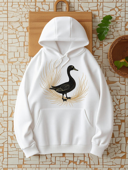 Women's Graphic Hoodie Golden Feather Accents Surrounding A Black Silhouette Duck