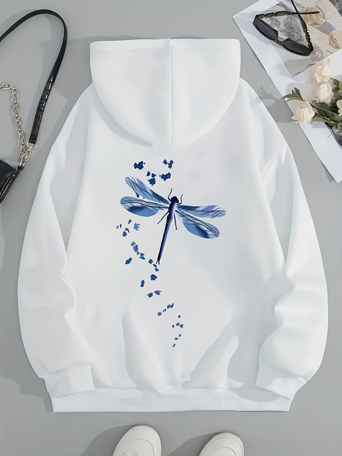 Women's Graphic Hoodie Delicate Blue Petals Floating Around Graceful Dragonfly