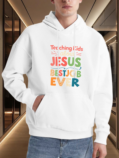 Men's Graphic Hoodie Teaching Kids Colorful Letters Among Bold Typographic Jesus