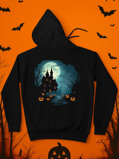 Men's Graphic Hoodie Full Moon Night With Pumpkins Illuminating Haunted Castle