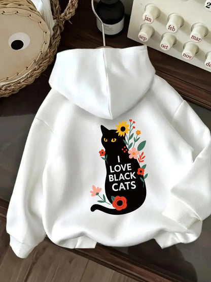 Women's Graphic Hoodie Love Black Cats Surrounded By Blossoming Flowers Playful Sitting Cat