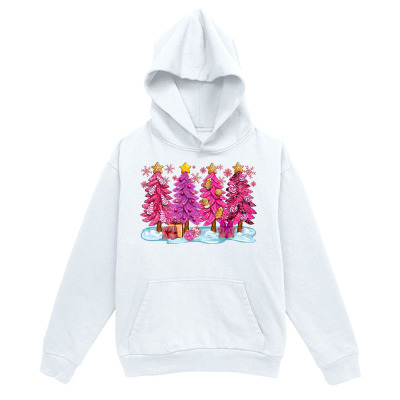 Men's Graphic Hoodie Festive Pink Christmas Trees With Colorful Presents Under Snowy Stars