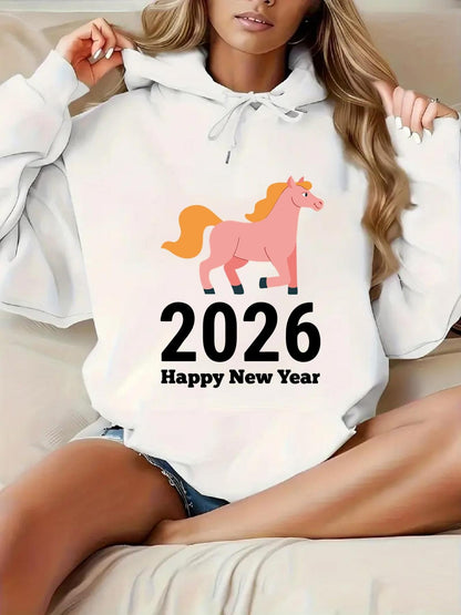 Women's Graphic Hoodie Happy New Year With Playful Cartoon Pony Under 2026 Text Pony