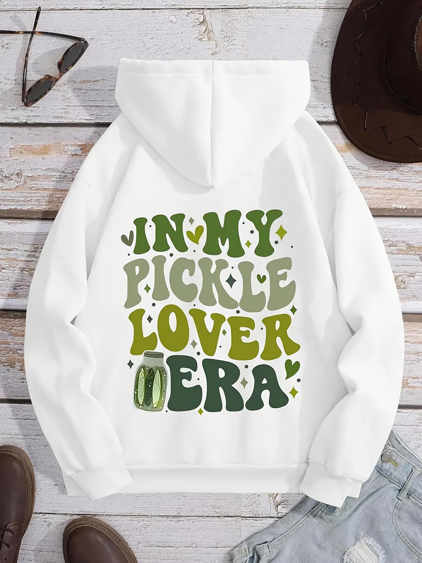 Women's Graphic Hoodie In My Pickle Lover Era Whimsical Hearts With Cartoon Pickle Jar Hoodie