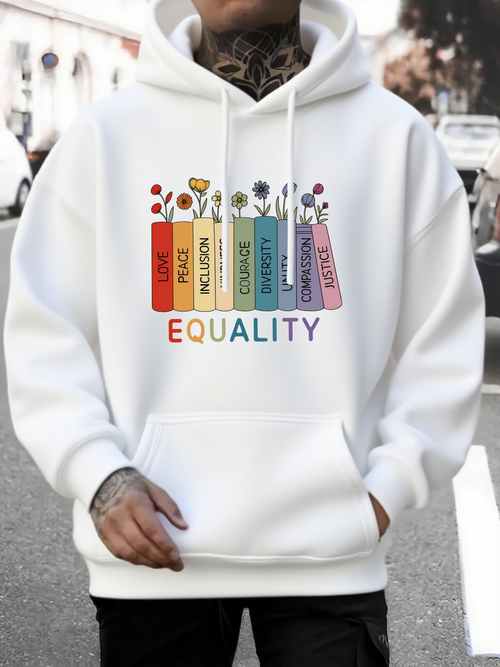 Men's Graphic Hoodie Equality With Colorful Flowers And Inspirational Words Rainbow