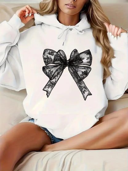 Women's Graphic Hoodie Intricate Lace Patterned Large Bow Among Soft Shadows Hoodie