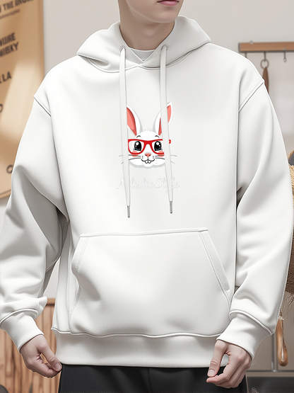 Men's Graphic Hoodie Playful White Bunny Wearing Glasses Among Simple Minimalist Lines Bunny