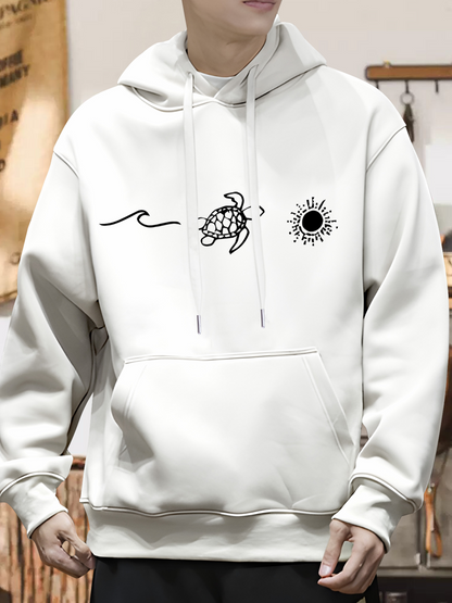 Men's Graphic Hoodie Minimalist Waves And Sun With Sea Turtle