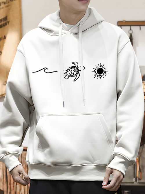 Men's Graphic Hoodie Minimalist Waves And Sun With Sea Turtle