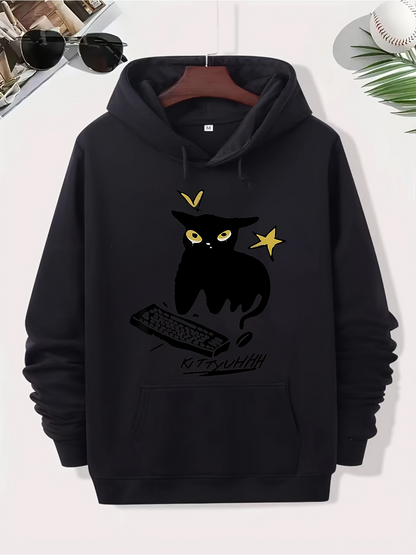 Men's Graphic Hoodie Yellow Eyes Black Cat With Stars Mysterious Floating Elements Cat