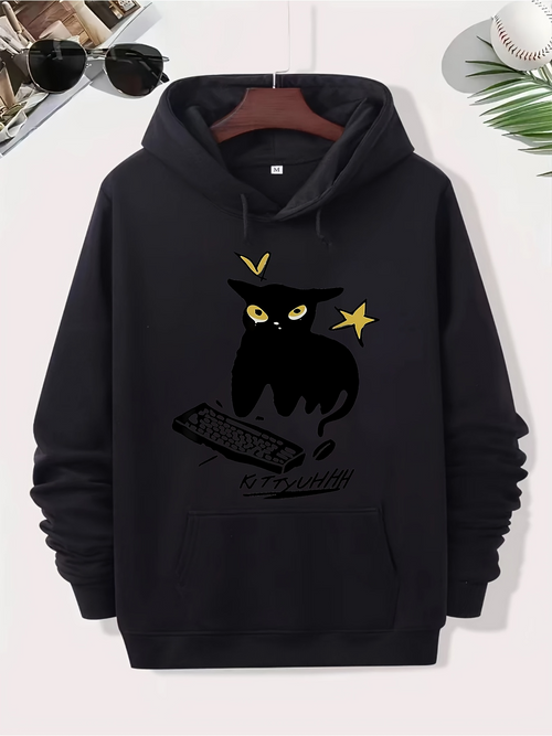 Men's Graphic Hoodie Yellow Eyes Black Cat With Stars Mysterious Floating Elements Cat