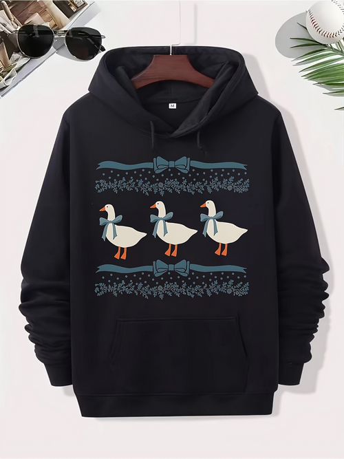 Men's Graphic Hoodie Marching White Ducks With Blue Ribbons And Delicate Leaf Motifs Duck