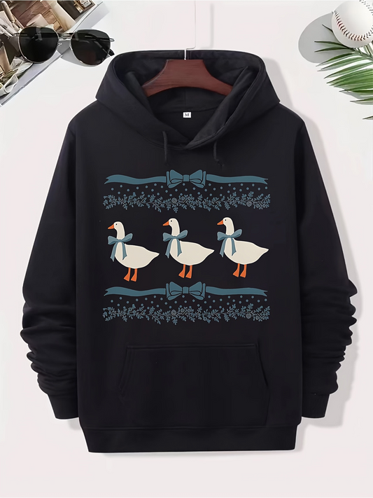 Men's Graphic Hoodie Marching White Ducks With Blue Ribbons And Delicate Leaf Motifs Duck