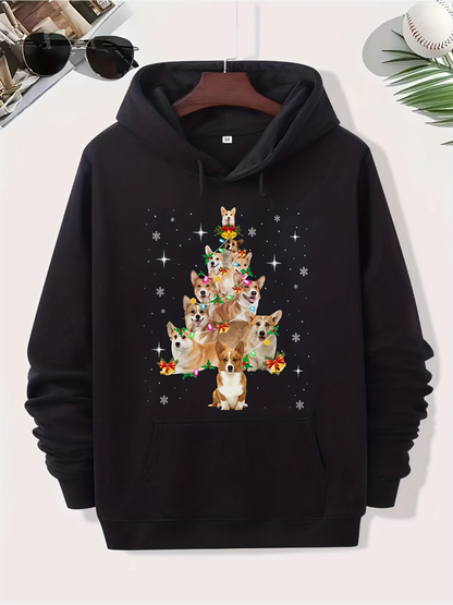Men's Graphic Hoodie Christmas Lights Festive Tree Formed By Cute Dogs