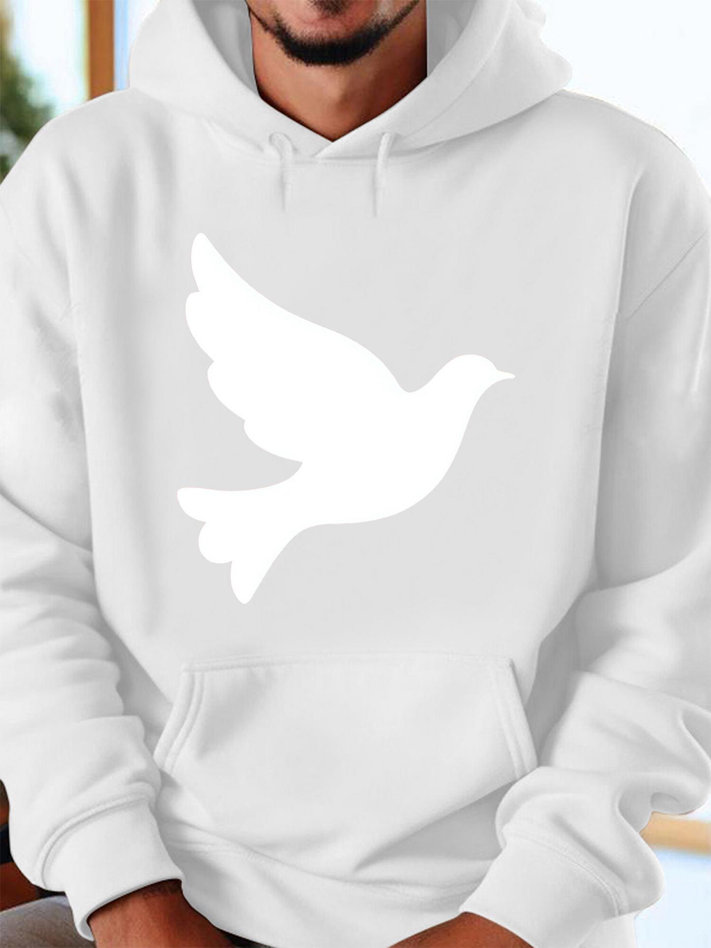 Men's Graphic Hoodie Minimalist White Silhouette In Flight Peaceful Dove