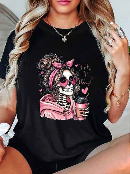 Women's Graphic T-Shirt Skeleton Girl Wearing Glasses With Coffee Cup And Pink Hoodie Surrounded By Hearts