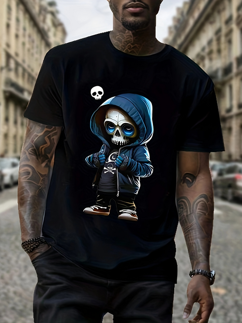 Men's Graphic T-Shirt Blue Hoodie With Urban Cartoon Skull Character