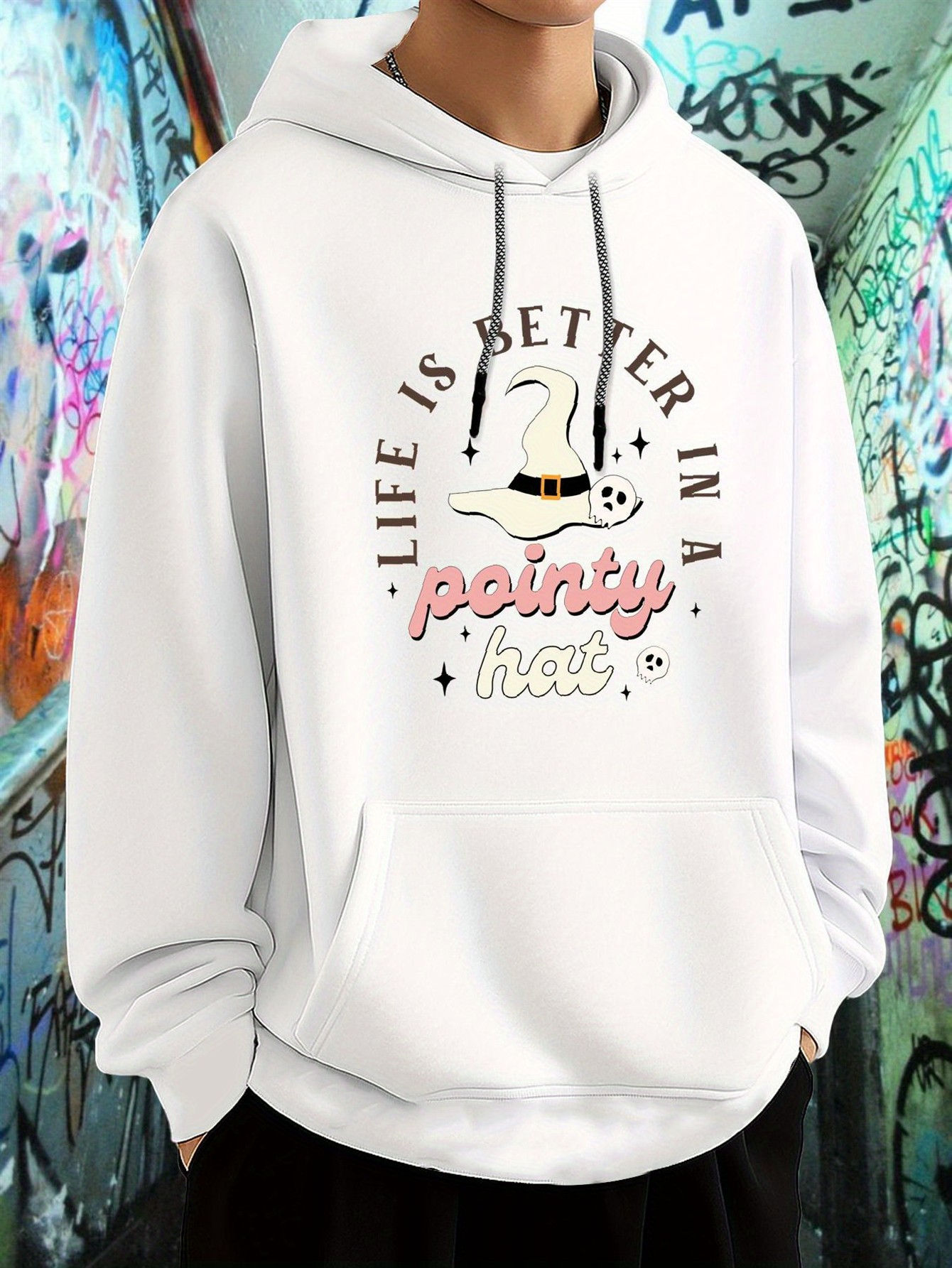 Men's Graphic Hoodie Life Is Better In A Pointy Hat With Stars And Whimsical Witch Hat