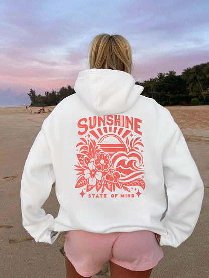 Women's Graphic Hoodie Sunshine State Of Mind Tropical Flowers With Vibrant Waves And Setting Sun Hoodie