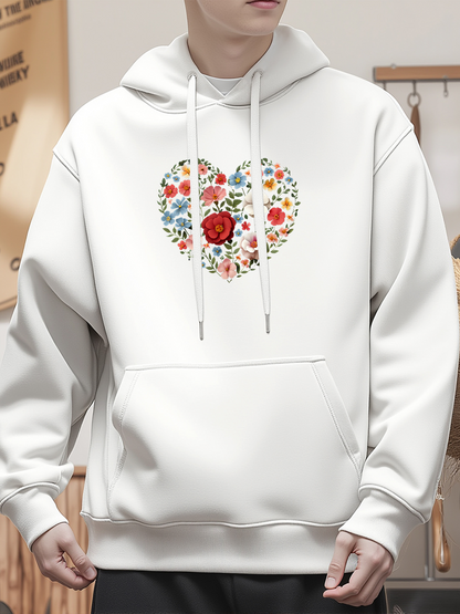 Men's Graphic Hoodie Romantic Multicolored Flower Bouquet Heart Shape Graphic Hoodie