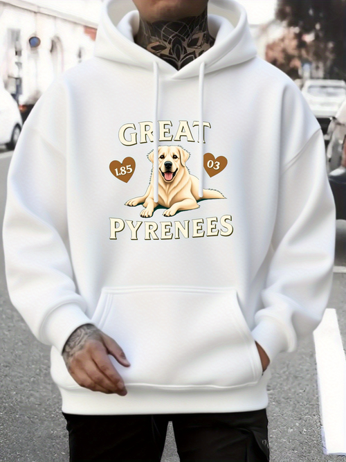 Men's Graphic Hoodie Great Pyrenees Cute Illustration With Sweet Hearts And Relaxed Dog