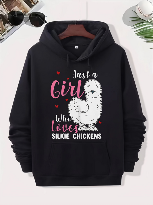 Men's Graphic Hoodie Just A Girl Surrounded By Hearts With Fluffy Cute Silkie Chicken
