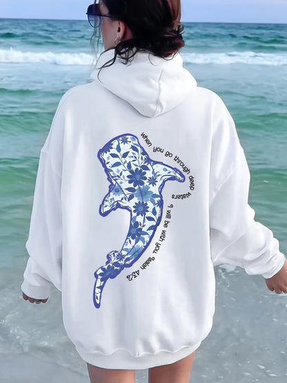 Women's Graphic Hoodie Floral Print Waves With Blue Patterned Shark